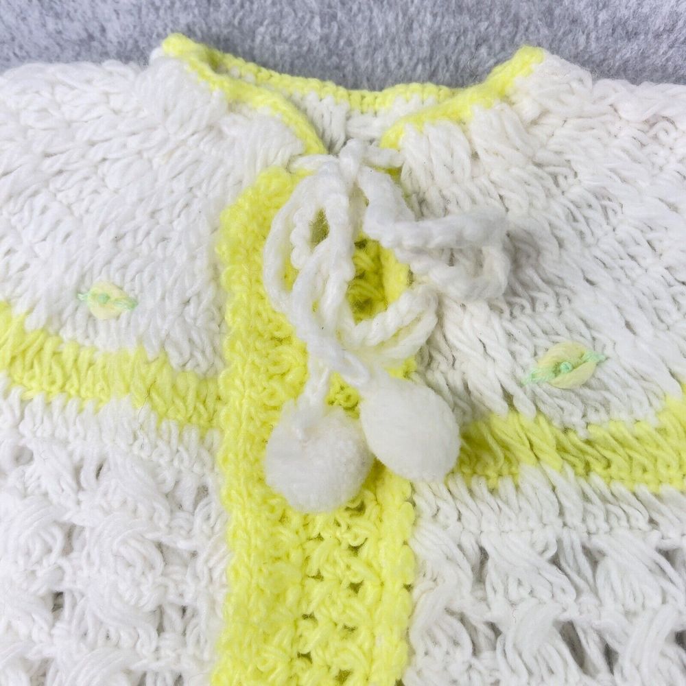 Vintage Handmade Yellow White Knit Baby Set Outfit Dress  Booties Bonnet Doll - Picture 6 of 14